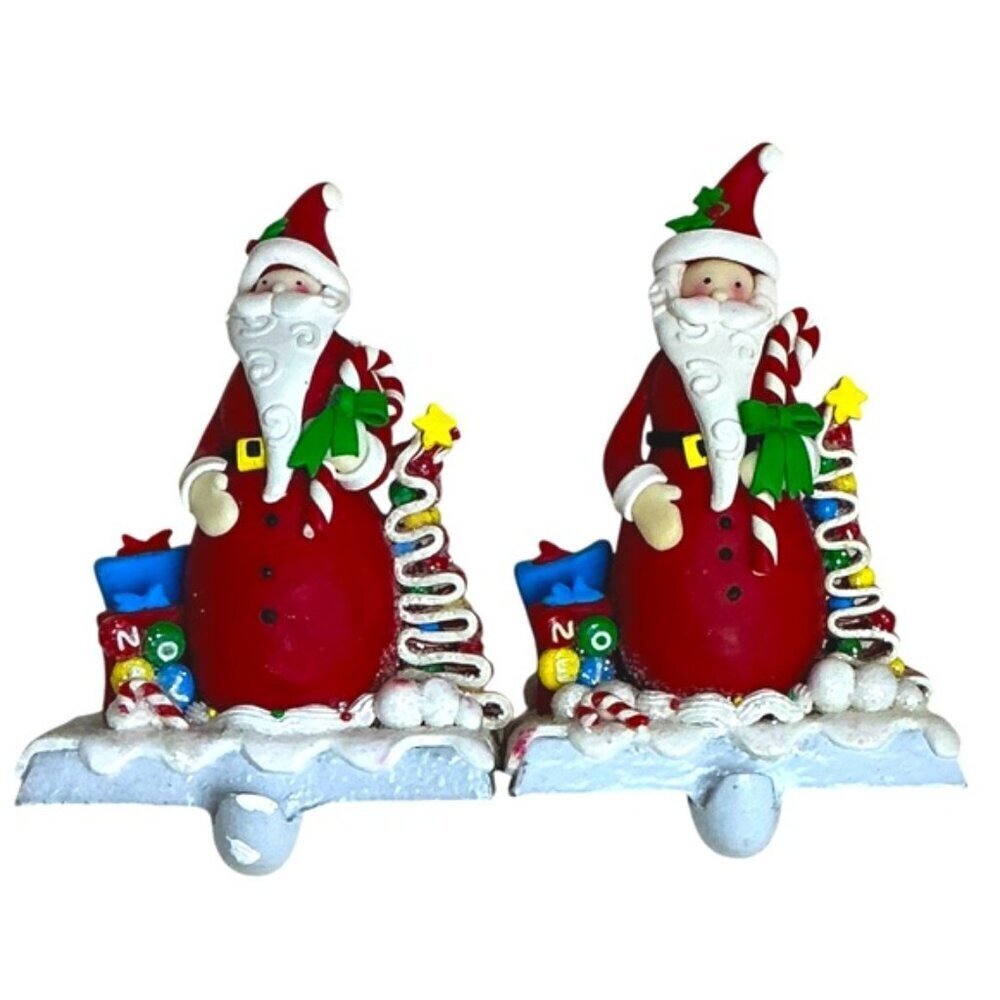 Vintage Cast Iron Stocking Holders Santa Clause Ribbon Candy Holiday Red 2 PC - Picture 15 of 15